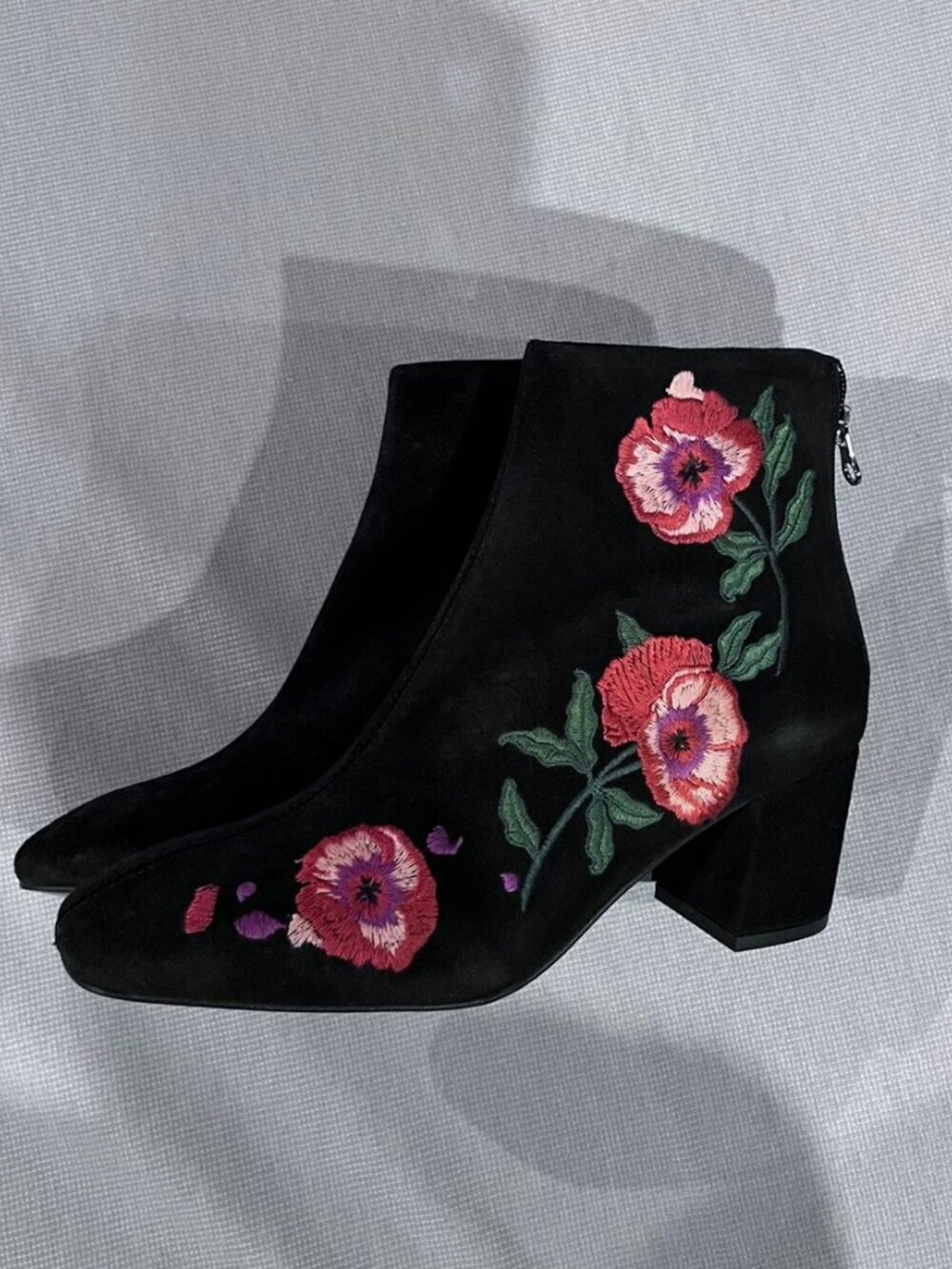Renvy Woman’s Suede Embroidered Bootie Black/Red, SZ 38